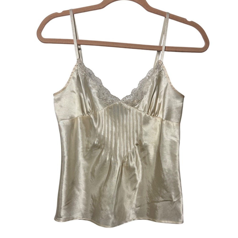 Vintage One Step Up Satin Camisole Top Small Champagne Lace Trim Pintuck Snags